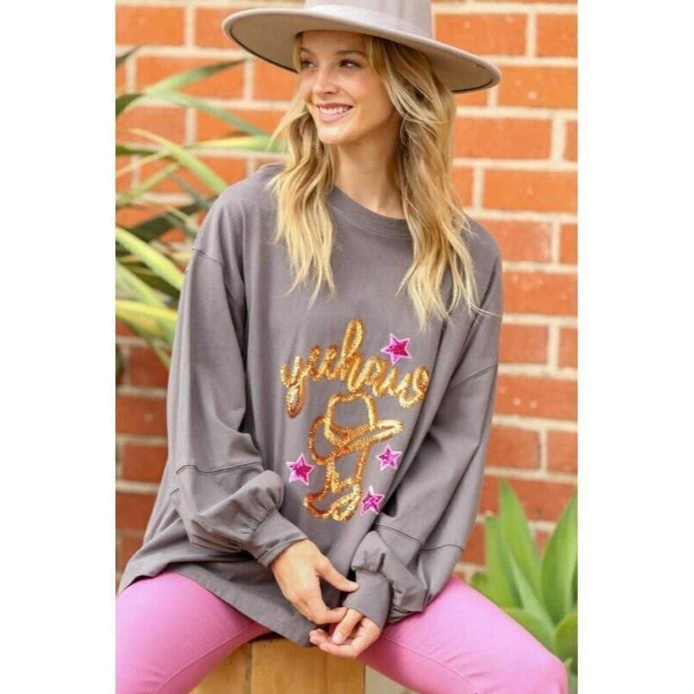Fantastic Fawn Charcoal Yeehaw Star Sequin Patch Knit Western Top IFKT51844-04 - Picture 12 of 12